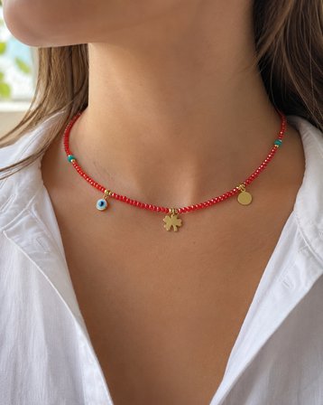 Ruby Yonca Kırmızı Boncuklu Nazar Boncuklu Yonca Charm Kısa Kadın Kolye Choker