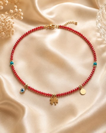 Ruby Yonca Kırmızı Boncuklu Nazar Boncuklu Yonca Charm Kısa Kadın Kolye Choker