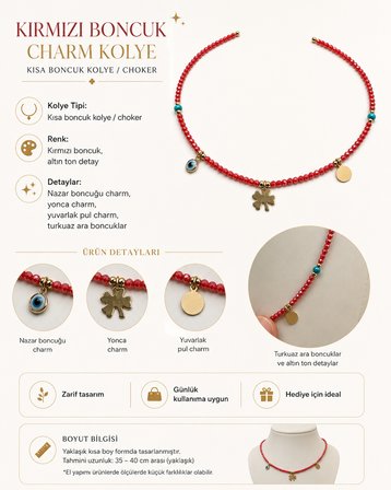 Ruby Yonca Kırmızı Boncuklu Nazar Boncuklu Yonca Charm Kısa Kadın Kolye Choker