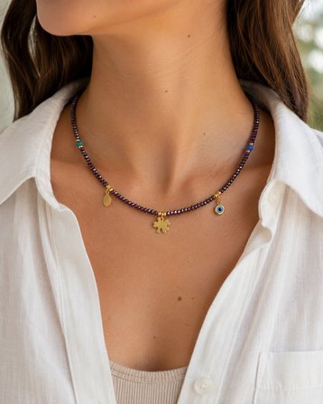 Mystic Nazar – Mor Kristal Görünümlü Boncuklu, Turkuaz Detaylı Yonca ve Nazar Charm Kadın Choker Kolye