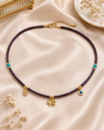 Mystic Nazar – Mor Kristal Görünümlü Boncuklu, Turkuaz Detaylı Yonca ve Nazar Charm Kadın Choker Kolye
