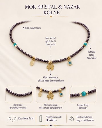 Mystic Nazar – Mor Kristal Görünümlü Boncuklu, Turkuaz Detaylı Yonca ve Nazar Charm Kadın Choker Kolye