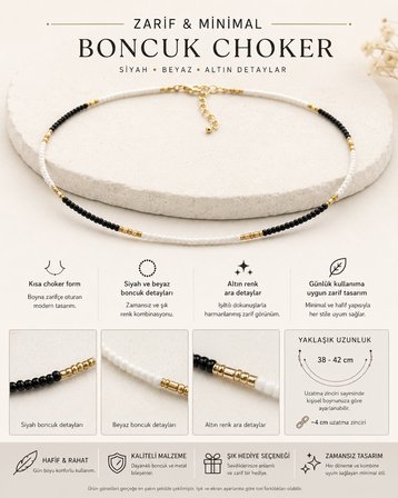 Mono Zarafet – Siyah Beyaz Boncuklu Altın Detaylı Kadın Choker Kolye, Minimal Günlük Kolye