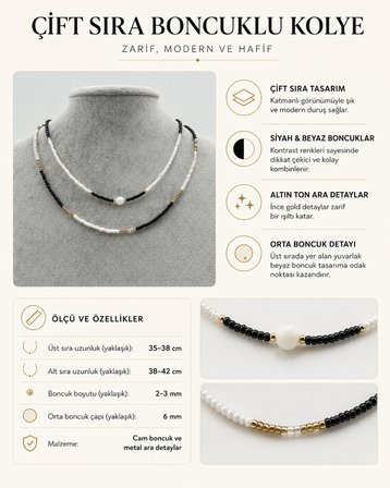 Noir Denge Siyah Beyaz Çift Sıra Boncuklu Kadın Kolye – Altın Renk Ara Detaylı Katmanlı Choker Kolye