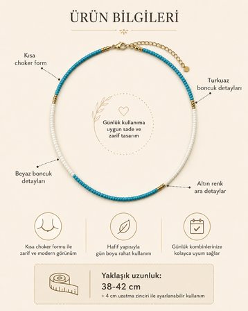 Aqua Zarafet – Turkuaz Beyaz Boncuklu Altın Detaylı Kadın Choker Kolye, Minimal Günlük Kolye
