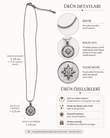Nova Sedef 8 Uçlu Yıldız Detaylı Gümüş Renk Yuvarlak Kolye – İnce Yılan Zincir 316L Paslanmaz Çelik Kadın Kolye