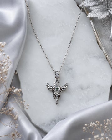 Angel Kanat Gümüş Renk Taşlı Anka Kuşu Figürlü 316L Paslanmaz Çelik 40-45 cm  Kolye