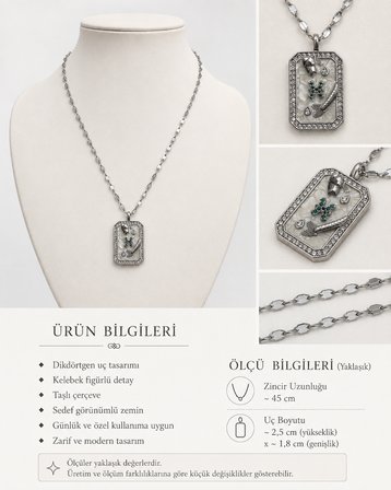 Pisces Zarafet Balık Burcu Kolyesi – Gümüş Renk Taşlı Dikdörtgen Zodyak Kolye, Balık ve Balık Kuyruğu Figürlü Kadın Kolye 316L Paslanmaz Çelik | Premium Kalite, Üstün Dayanıklılık