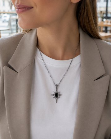 Polaris Kutup Yıldızı Siyah Merkezli Taşlı Gümüş Renk Paperclip Zincir Kolye 316L Paslanmaz Çelik | Premium Kalite, Üstün Dayanıklılık