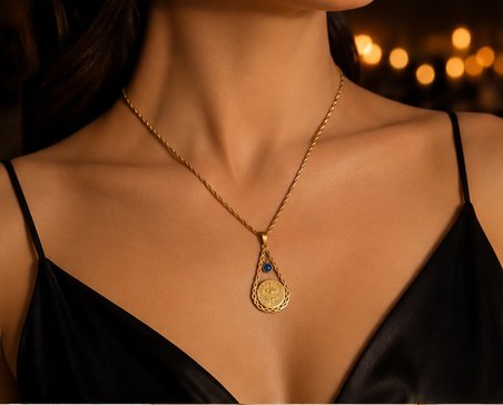 Kuyum Model Tuğralı Nazar Boncuklu Altın Renk Kadın Kolye – Damla Uçlu Burgulu Zincir 316L Paslanmaz Çelik | Premium Kalite, Üstün Dayanıklılık