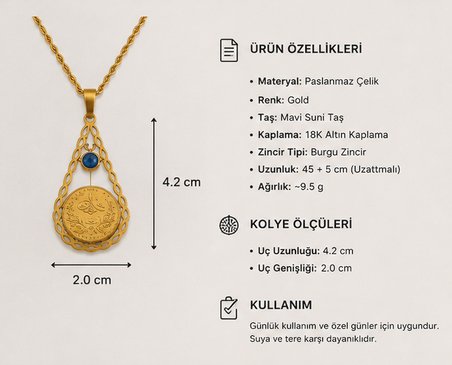 Kuyum Model Tuğralı Nazar Boncuklu Altın Renk Kadın Kolye – Damla Uçlu Burgulu Zincir 316L Paslanmaz Çelik | Premium Kalite, Üstün Dayanıklılık