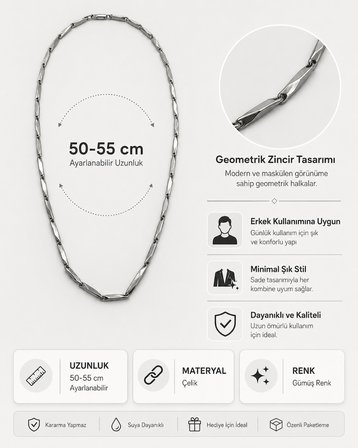 Vortex Çelik Gümüş Renk Geometrik Zincir 50-55 cm Erkek Kolye – Modern Maskülen Tasarım 316L Paslanmaz Çelik | Premium Kalite, Üstün Dayanıklılık