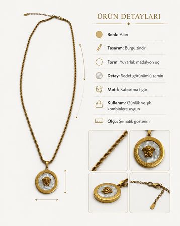 Imperial Zarafet Altın Renk Medusa Figürlü Sedef Detaylı Yuvarlak Madalyon Kadın Kolye – Burgu Zincirli Şık Kolye 40-45 CM