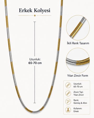 Fusion Asalet Erkek Kolyesi 65-70 cm İki Renk Yılan Zincir Kuyum Model Gold Gümüş Erkek Kolye 316L Paslanmaz Çelik | Premium Kalite, Üstün Dayanıklılık