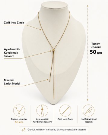Luxe Zarafet Kadın Ayarlanabilir Lariat Kolye 50 cm Minimal İnce Zincir Altın Renk 316L Paslanmaz Çelik | Premium Kalite, Üstün Dayanıklılık