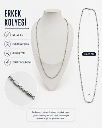Luxe Duru Erkek Kolyesi 55-60 CM Paslanmaz Çelik Gümüş Ton Zincir Kolye 316L Paslanmaz Çelik | Premium Kalite, Üstün Dayanıklılık