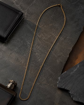 Noble Asalet Erkek Kutu Zincir Kolye 60-65 cm Altın Renk Kuyum Model Minimal Şık Kolye 316L Paslanmaz Çelik | Premium Kalite, Üstün Dayanıklılık