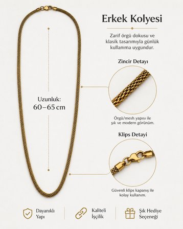 Royal Örgü Erkek Kolyesi 60-65 Cm Altın  Renk Kuyum Model  Örgü Zincir Kolye 316L Paslanmaz Çelik | Premium Kalite, Üstün Dayanıklılık