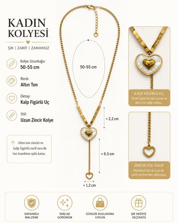Luna Kalp Altın Renk Sedef Görünümlü Kalp Figürlü Y Model 50-55 cm Kadın Kolye – Uzun Zincir Tasarım 316L Paslanmaz Çelik | Premium Kalite, Üstün Dayanıklılık