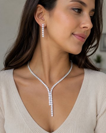Crystal Zarafet – Kadın Işıltılı Taşlı Abiye Kolye Küpe Seti, Y Model Gümüş Renk Bijuteri Takı Seti