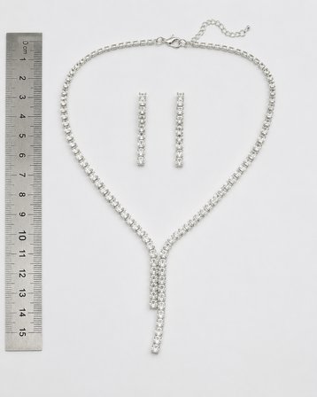 Crystal Zarafet – Kadın Işıltılı Taşlı Abiye Kolye Küpe Seti, Y Model Gümüş Renk Bijuteri Takı Seti