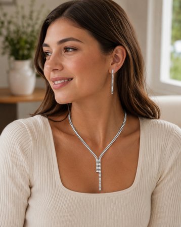 Lumière Işıltı – Kristal Taşlı Y Kolye Küpe Kadın Abiye Takı Seti
