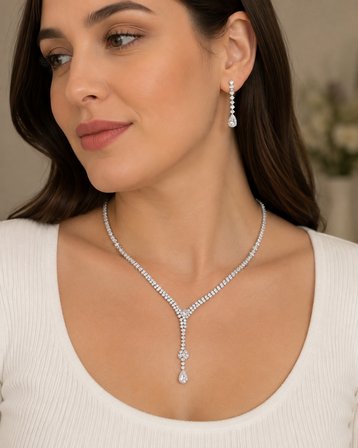 Lumière Damla Kadın Abiye Taşlı Kolye Küpe Seti – Gümüş Renk Y Model Damla Taşlı