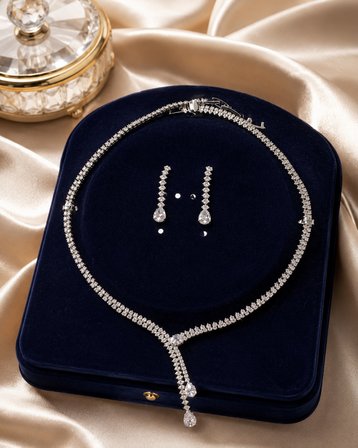 Lumière Damla Kadın Abiye Taşlı Kolye Küpe Seti – Gümüş Renk Y Model Damla Taşlı