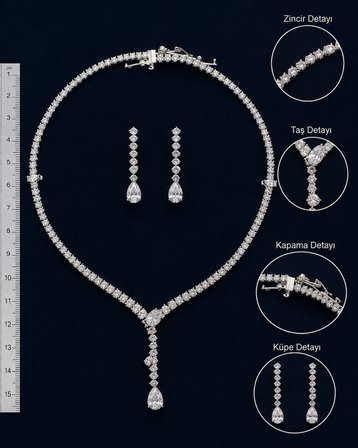 Lumière Damla Kadın Abiye Taşlı Kolye Küpe Seti – Gümüş Renk Y Model Damla Taşlı