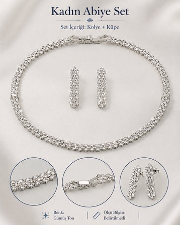 Lumière Işıltı Kadın Abiye Takı Seti – Gümüş Ton Taşlı Kolye Küpe Seti