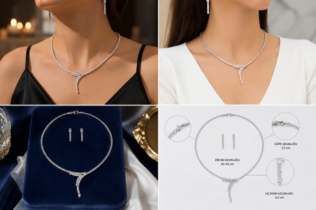 Luna Zarafet Kadın Taşlı Abiye Kolye Küpe Seti – Gümüş Renk Y Model Işıltılı Takı Seti