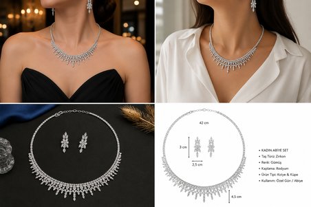 Lumi Işıltı Kadın Abiye Set – Taşlı Sarkıtlı Kolye Küpe Takım Özel Gün Takısı