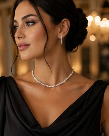 Kadın Abiye Takı Seti Gümüş Renk Taşlı Choker Kolye Küpe Seti Işıltılı Zarif Düğün Nişan Gece Takısı