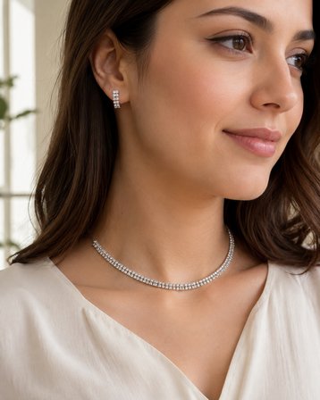 Kadın Abiye Takı Seti Gümüş Renk Taşlı Choker Kolye Küpe Seti Işıltılı Zarif Düğün Nişan Gece Takısı