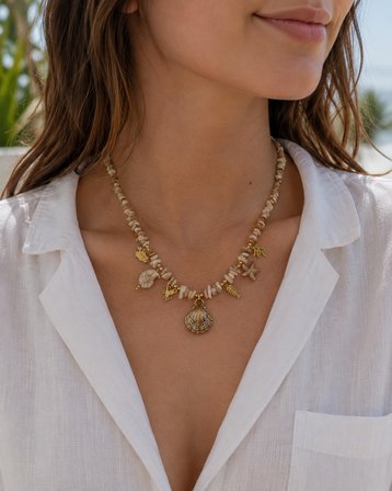 Marina Deniz Kabuğu Kadın Kolye – Taşlı Boncuklu Deniz Temalı Charm Kolye 40-45 cm 316L Paslanmaz Çelik