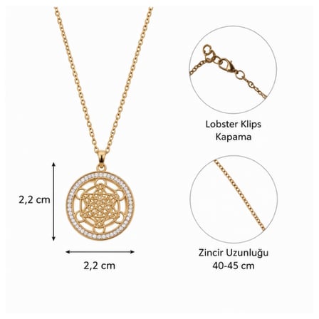 Luna Mandala Kadın Kolye – Gold Renk Taşlı Yuvarlak Uçlu Zarif Kolye 40-45 cm-316L Paslanmaz Çelik