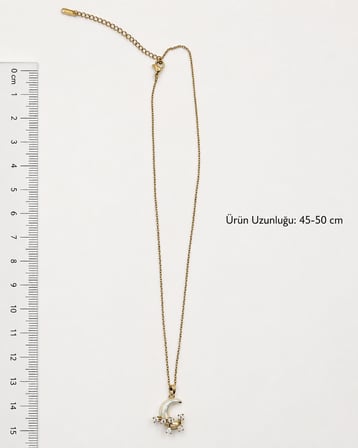 Luna Hilal Kadın Kolye – Gold Renk Taşlı Ay Figürlü 45-50 cm Zarif Kolye