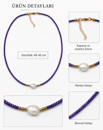 Mor Boncuklu İnci Detaylı Zarif Kolye – Gold Detaylı 40-45 cm