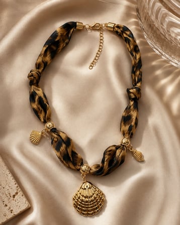 Leopar Desenli Fular Kolye – Gold Deniz Kabuğu ve Charm Detaylı 40-45 cm