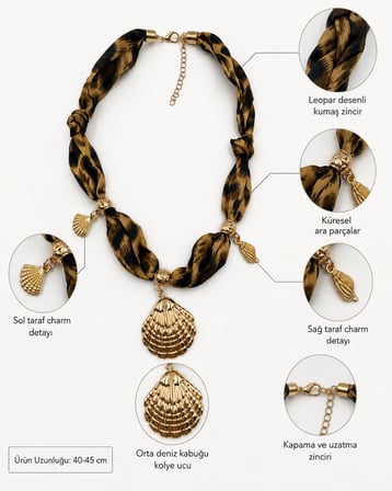 Leopar Desenli Fular Kolye – Gold Deniz Kabuğu ve Charm Detaylı 40-45 cm