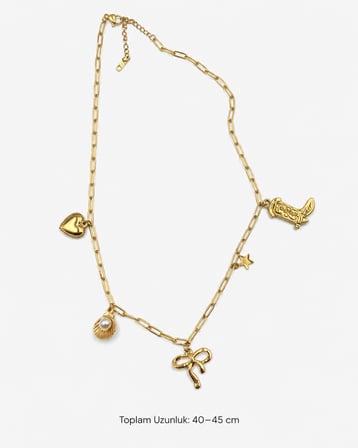 Charm Love – Kadın Kalp, Fiyonk, Yıldız ve İnci Detaylı Gold Kolye | 40-45 cm Şık Sallantılı Zincir Kolye