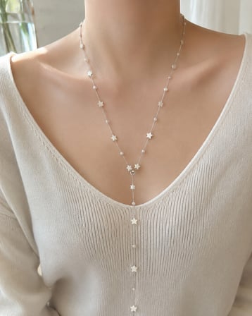 Sedef Yıldız ve İnci Boncuk Detaylı 60 cm Gümüş Renk Çelik Y Kolye