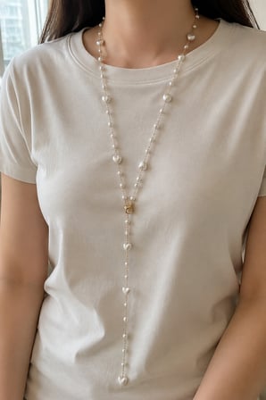 60 Cm Kalp Detaylı İnci Görünümlü Altın Renk Uzun Y Lariat Kolye