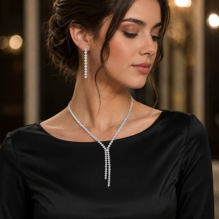 Kadın Zirkon Taşlı Sallantılı Abiye Kolye Küpe Seti 40–45 cm Gümüş Renk