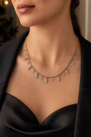 Altın-Gümüş Renk Boncuk Zincirli Taşlı Damla ve Çubuk Sallantılı Kadın Kolye 40–45 cm 316L Paslanmaz Çelik