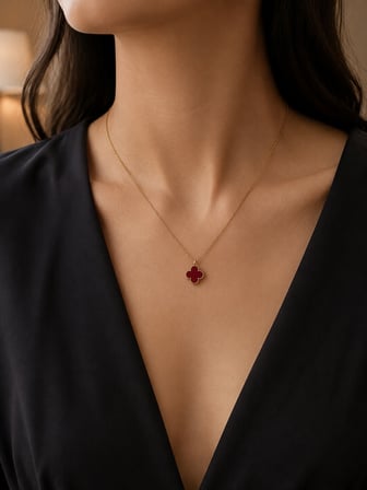 Kırmızı Dört Yapraklı Yonca Uçlu Altın Renk Kolye 45 cm 316L Paslanmaz Çelik