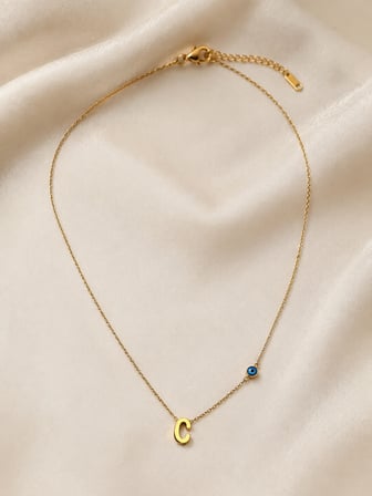  Minimal C Harfli Mavi Nazar Boncuklu Gold Renk Kolye 40-45 cm 316L Paslanmaz Çelik