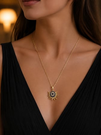  Taşlı Nazar Boncuklu Yarım Güneş Kadın Çelik Kolye Gold Renk 40-45 cm 316L Paslanmaz Çelik