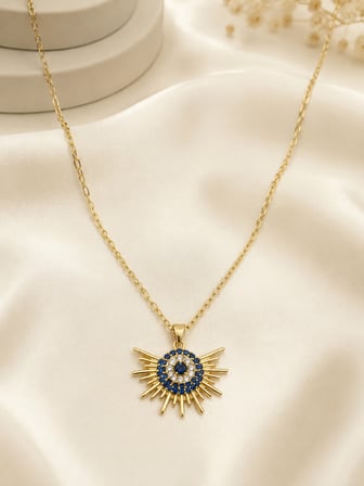  Taşlı Nazar Boncuklu Yarım Güneş Kadın Çelik Kolye Gold Renk 40-45 cm 316L Paslanmaz Çelik
