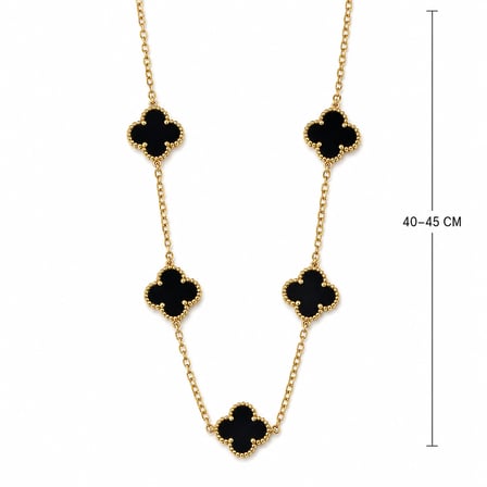  Siyah 5 Yonca Motifli Gold Renk Kadın Zincir Kolye 40–45 cm 316L Paslanmaz Çelik